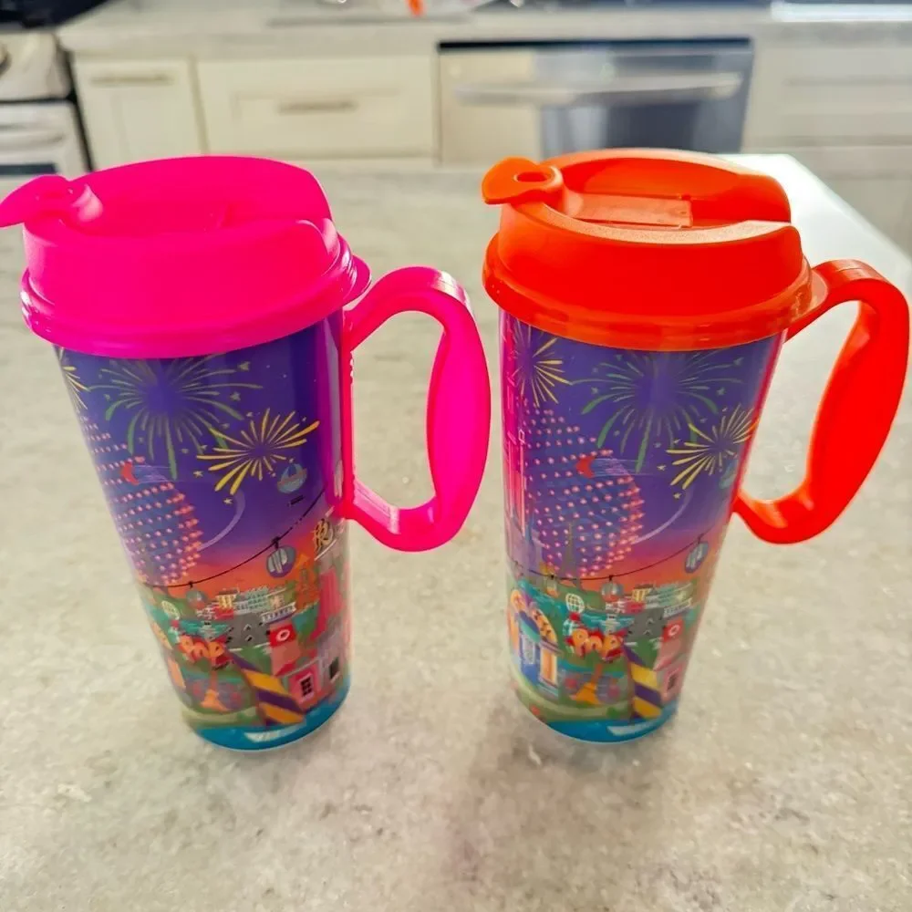 Walt Disney World Refillable Plastic Souvenir Cups Pink and Orange Set of 2